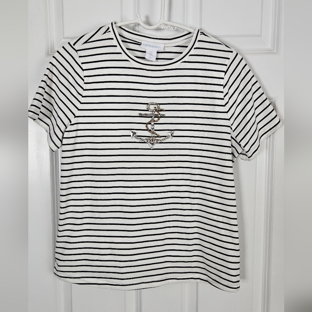 Cynthia Rowley Black and White Striped Anchor Tee